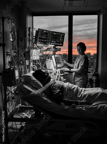 Critical Care Nurse Monitors Patient With Sunset View