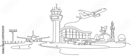 Bild auf Leinwand Continuous one line drawing of airport terminal with control tower, airplanes ta