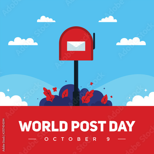 Clean flat illustration of a World Post Day greeting, with a red mailbox on a blue sky with clouds. This cheerful design is perfect for posters, social media promotions, and World Post Day events.