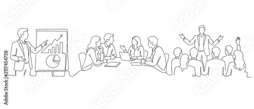 Continuous line drawing of business people in a meeting, presentation, and conference business team working together, brainstorming, and professional training session