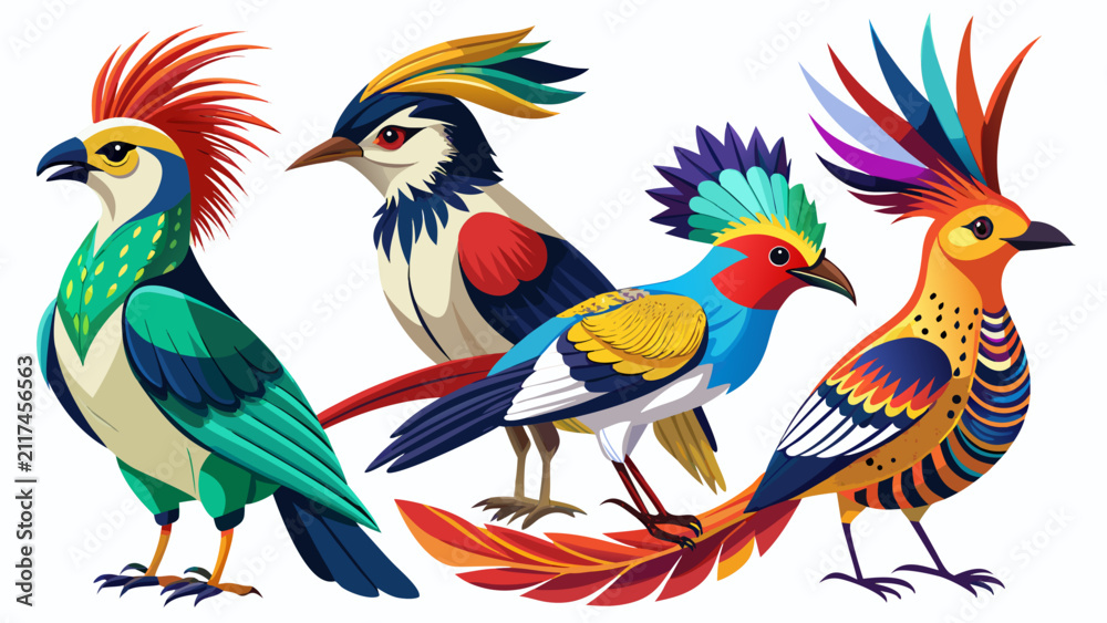 Fototapeta premium Set of Four Stylized Exotic Tropical Avian Characters with Colorful Plumage