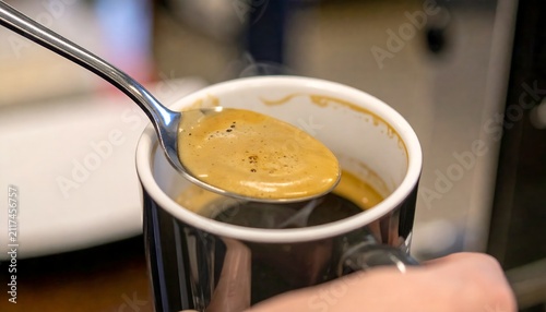 Spoon stirring hot espresso coffee with thick crema
