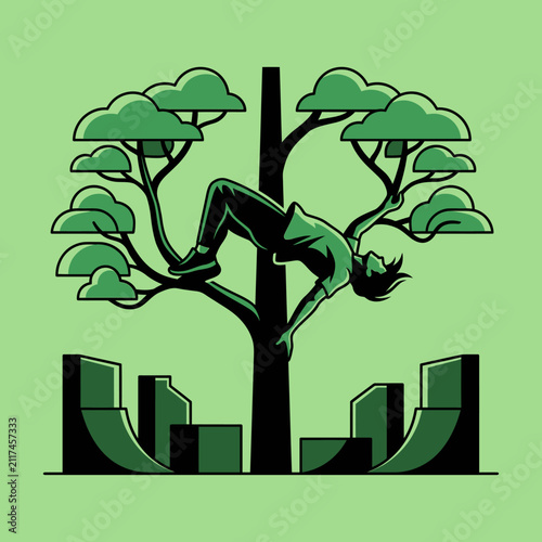 Dynamic Parkour Athlete Ascending Tree Amidst Urban Obstacles