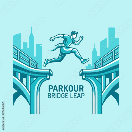 Dynamic Parkour Athlete Leaping Over City Bridge Gap In Mid-Air Action