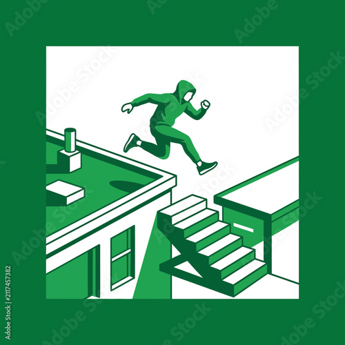 Dynamic Parkour Athlete Leaps Across Rooftops