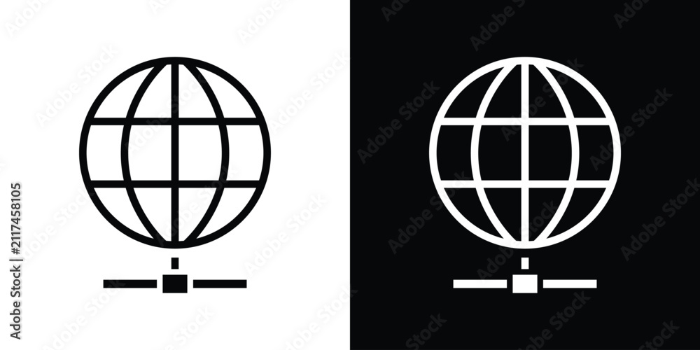 Obraz premium Line-art globe grid icon attached to a network connection hub. Black and white vector design representing worldwide web infrastructure, global connectivity, and digital networking.