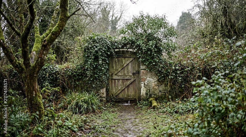 Obraz premium Overgrown garden aesthetics, an overgrown garden gate adorned with climbing ivy exudes mystery and nostalgia