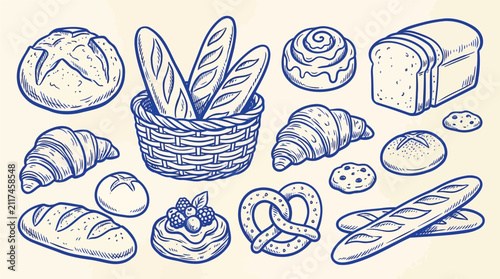 Assorted baked goods including bread baguette croissant and pretzel sketched on a textured background in a vintage style