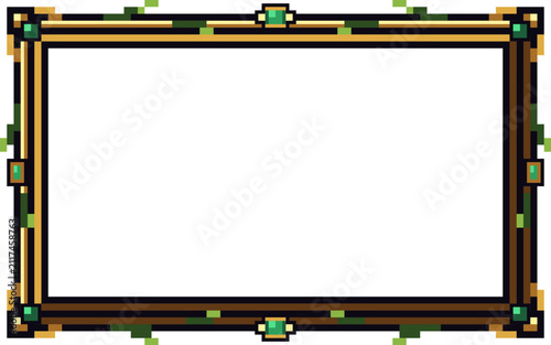 Retro Pixel Art Fantasy Border for Game UI, Decorative Rectangular Golden Frame with Green Emerald Gemstones and Vine Details, Vintage 16-Bit Gaming Asset isolated on White Background