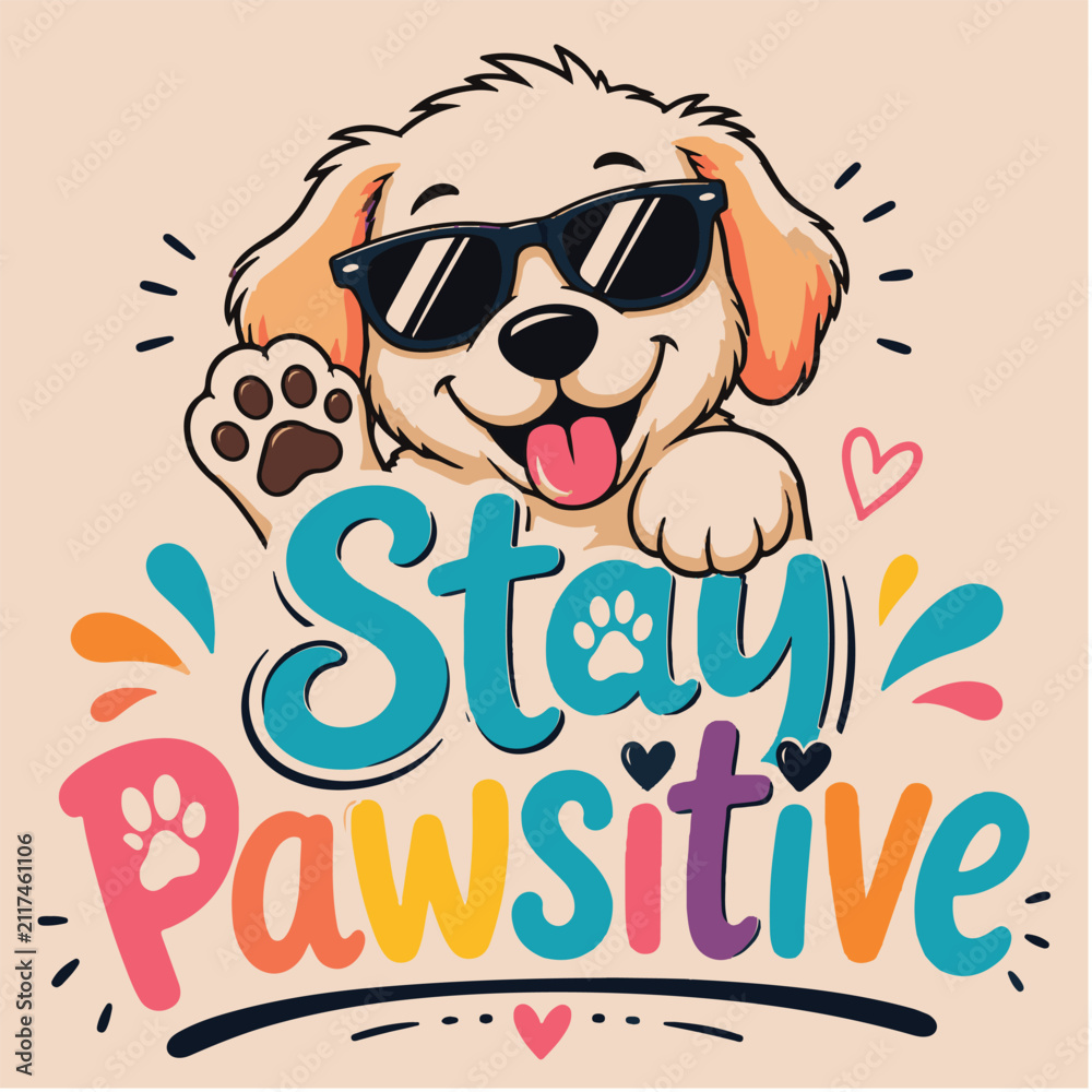Obraz premium Cute puppy wearing sunglasses with Stay Pawsitive motivational typography design