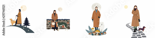 Bild auf Leinwand Set of minimalist illustrations featuring women in brown coats walking various dog breeds in serene outdoor settings under the moon and sun