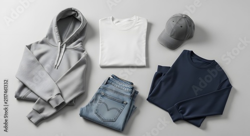 Flat lay arrangement of casual garments including hoodie t-shirt jeans sweatshirt and cap for apparel branding and retail display