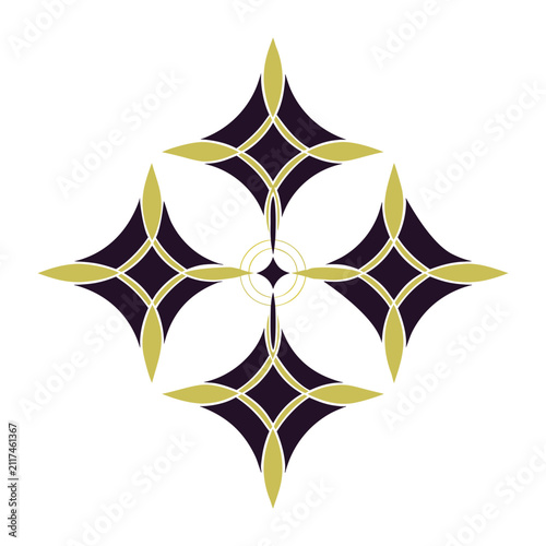 Geometric floral ornament with gold and dark purple hues on white background