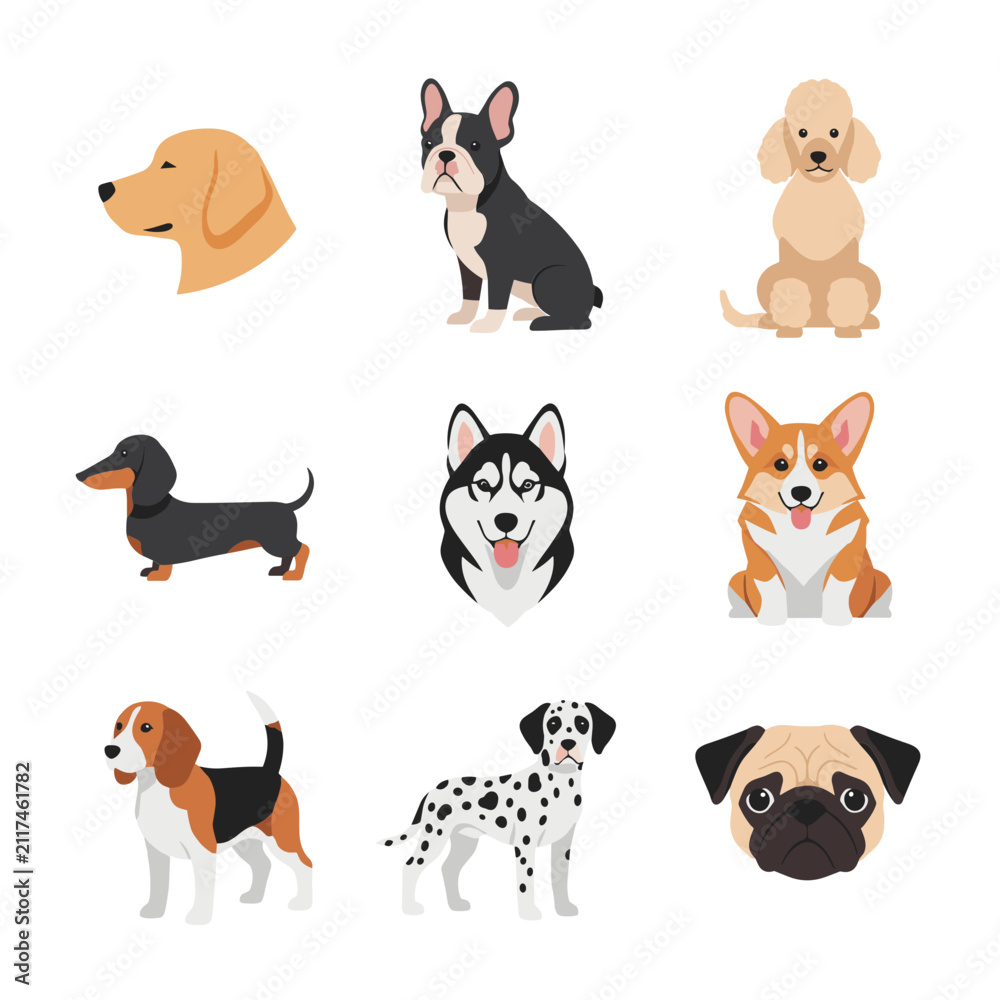 Obraz premium Diverse Cartoon Dog Breeds Vector Set - Cute Flat Design Puppy Illustrations on White Background
