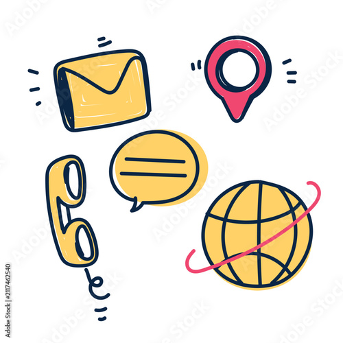 Hand Drawn Contact Us and Communication Icon Set Vector Doodle