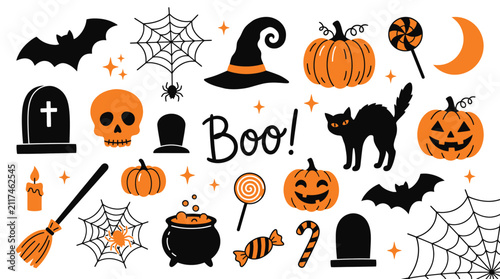 Set of cute halloween icons with pumpkins bats cat and spooky elements in orange and black colors Vector