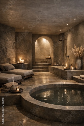 Luxury spa interior with round pool warm candlelight and elegant stone design creating relaxing wellness retreat