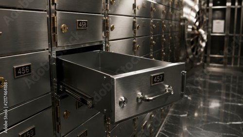 Open safety deposit box drawer inside a secure bank vault with modern metal storage lockers