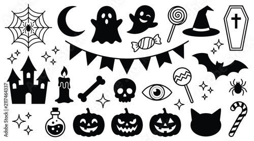 Fotografie Set of black silhouette icons for halloween featuring ghosts pumpkins a haunted