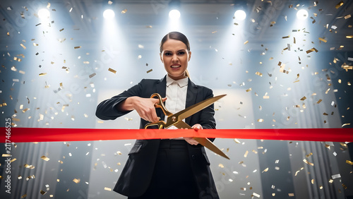 Woman cutting red ribbon with golden scissors, confetti falling, grand opening ceremony