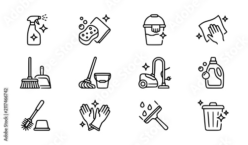 Home cleaning service line icon set with hygiene tools and janitorial supplies editable stroke vector