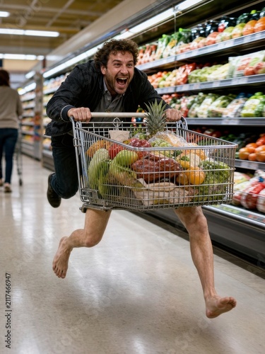 Excited barefoot man racing a grocery cart down a supermarket aisle filled with fresh produce
