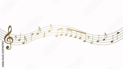 Gold treble clef and musical notes on wavy staff lines