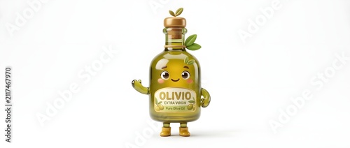 Animated bottle character holding olive oil with friendly expression