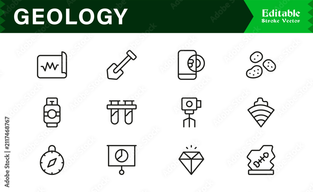 Fototapeta premium Geology Earth Science Line Icon Collection,Mineral,Microscope,Pickaxe,Gold Ingot,Planet,and Crystal Editable Vector Icons
