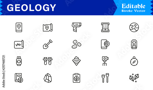 Geology Earth Science Line Icon Collection,Mineral,Microscope,Pickaxe,Gold Ingot,Planet,and Crystal Editable Vector Icons