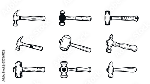 Collection of various hammer tool illustrations for construction and repair
