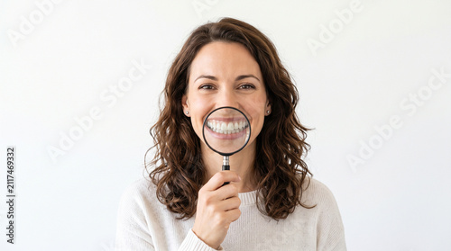 Portrait of a smiling young woman holding a magnifying glass over her white healthy teeth on a white background, symbolizing dental care, oral hygiene, and dentistry inspection