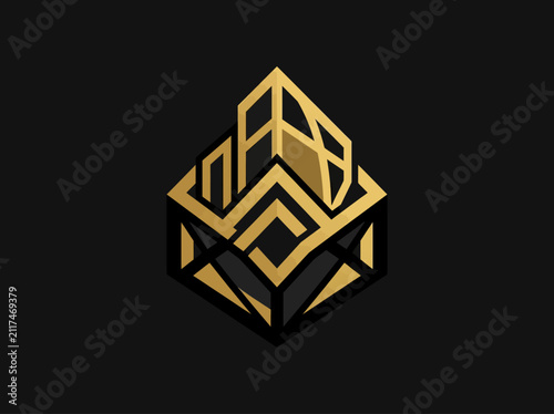Elegant Geometric Golden Abstract Structure Symbol Isolated On Black Background For Branding