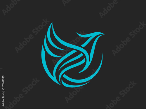 Elegant Cyan Abstract Bird Emblem On Dark Background