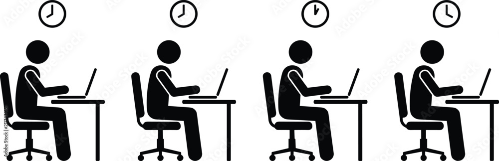 Fototapeta premium Set of icons showing a person working on a laptop at different times of the day