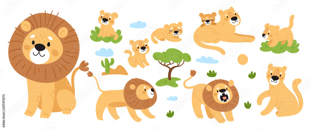 Fototapeta premium Cute cartoon lions. Funny wild animals. King of beasts. Lionesses with cubs. Feline predators. African nature. Leo mammals pride. Savannah tree. Safari carnivore big cats vector set