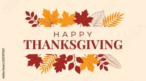 Happy thanksgiving text greeting with colorful autumn leaves border Vector