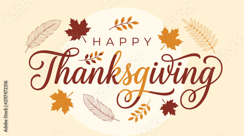 Happy thanksgiving text with autumn leaves and fall foliage decoration Vector