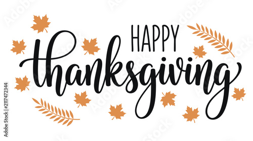 Happy thanksgiving text with orange autumn leaves and wheat stalks illustration Vector