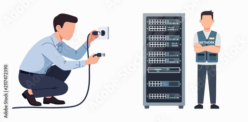 Network technician installing Cisco switch in server rack with colleague