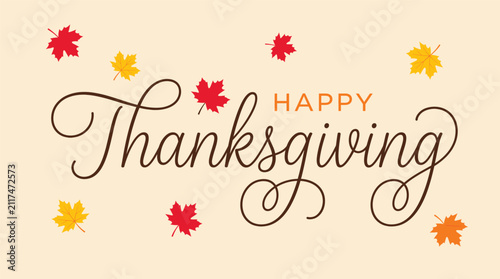 Happy thanksgiving greeting card design with colorful autumn maple leaves on a beige background Vector