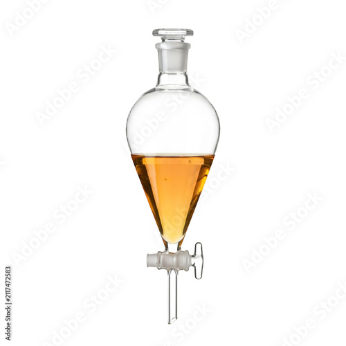 Separatory glass funnel with amber liquid, transparent extraction chemistry glassware isolated on transparent background, scientific design element