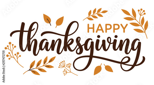 Happy thanksgiving greeting text with brown autumn leaves and foliage decoration Vector