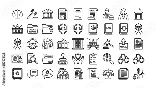 Obraz na płótnie Extensive collection of modern line art icons representing legal justice system