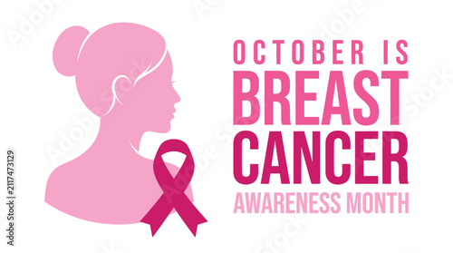 Pink ribbon symbol for breast cancer awareness month with woman silhouette profile Vector