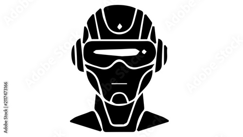 Futuristic robot head icon, black and white cyborg avatar vector, sci-fi android character silhouette for gaming and technology branding