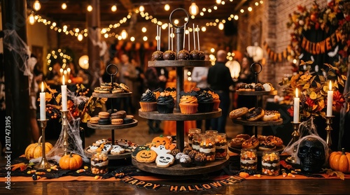 Halloween party dessert table. Festive sweets display with spooky treats and candles.