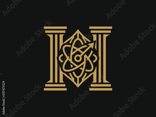 Elegant Atomic Symbol With Pillars And Arrow Emblem