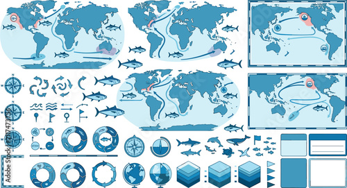 Bild auf Leinwand Global ocean currents and fish migration world map vector icon set featuring mar