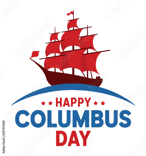 Columbus Day emblem showcases a bold red sailing ship positioned above a blue arched wave with clean typography, creating a symbolic representation of the historical maritime discovery journey.